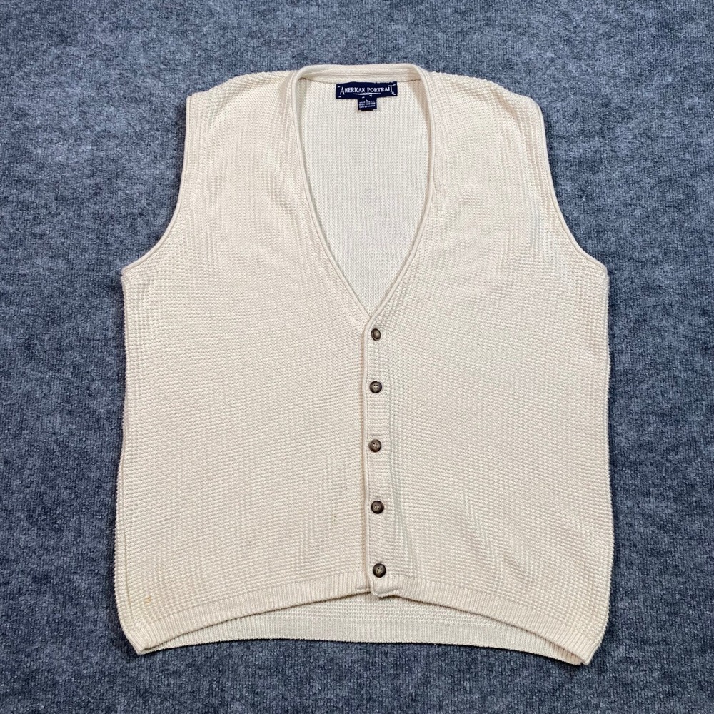 American Portrait Mens Large Cream Cotton Knit Button Front Sweater‎ Vest USA
